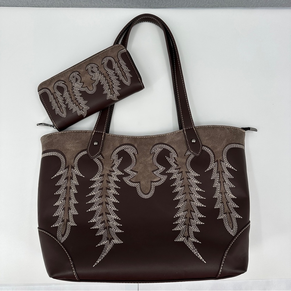 American Bling Concealed Carry Purse Tote W/ Matching Wallet Boot Stitch Brown
